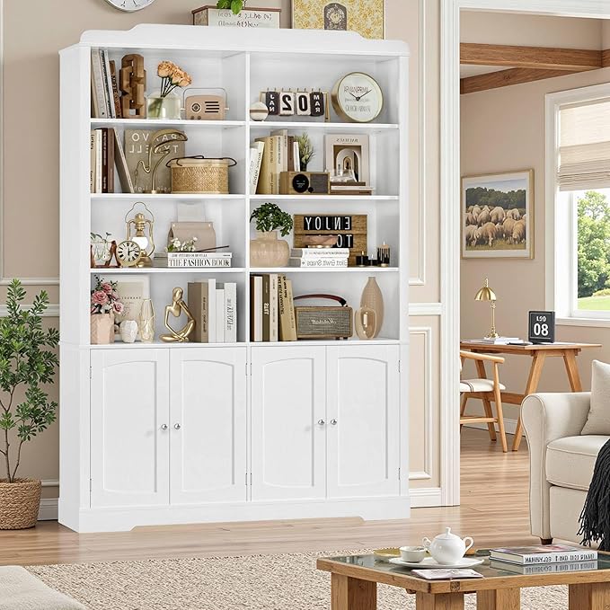 73.1" Tall Bookcase and Bookshelf, Wide Bookshelf with Doors and Adjustable Shelves, 6 Tier Large Bookshelf with Storage, Tall Storage Cabinet for Living Room, Home Office, White