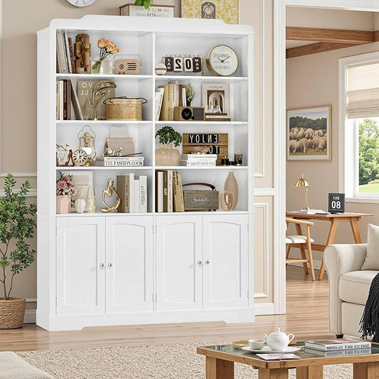 73.1" Tall Bookcase and Bookshelf, Wide Bookshelf with Doors and Adjustable Shelves, 6 Tier Large Bookshelf with Storage, Tall Storage Cabinet for Living Room, Home Office, White