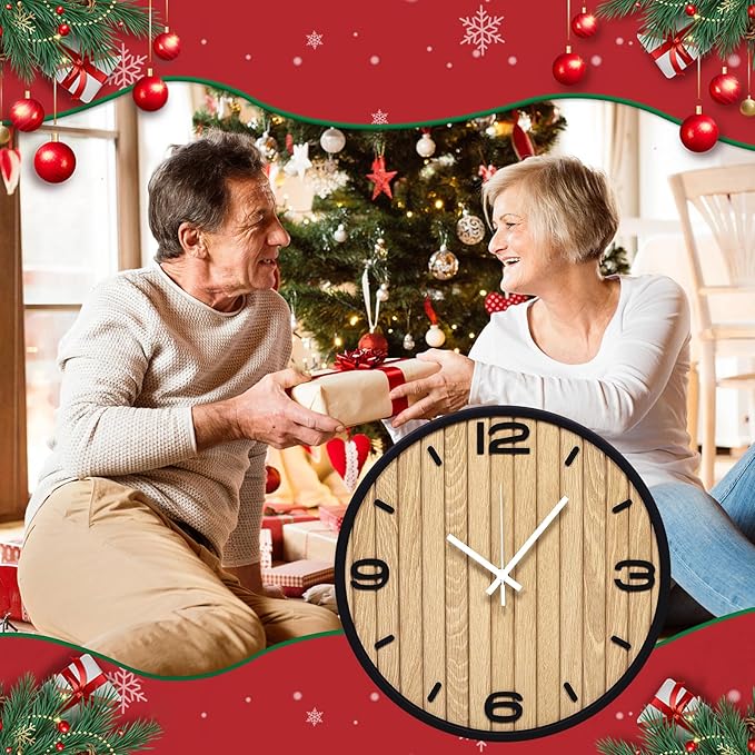 12 Inch Wooden Round Wall Clock Battery Operated, Silent Non-Ticking Analog Clocks with Seconds Hand Modern Art Decorative for Office, Home, Living Room, Kitchen, Bedroom, Entryway