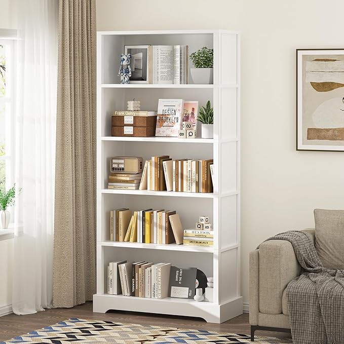 TVU 5-Tier Wooden Book Shelf, 65" Tall Bookshelf with Storage, Floor-Standing Display Bookcase, Farmhouse Style Bookshelf with Arched Base, Suitable for Living Room, Study, Office, White