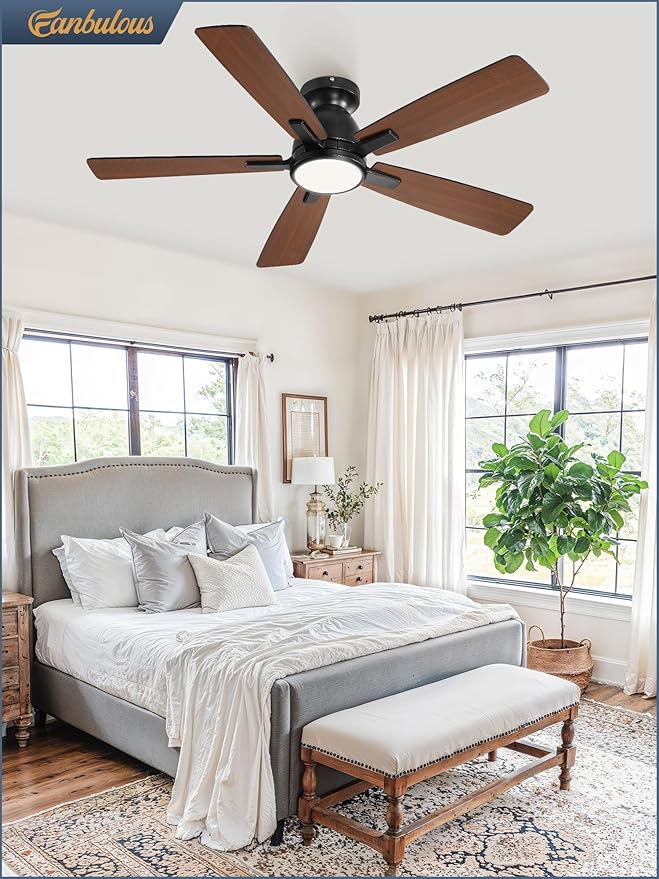 46 inch Ceiling Fans with Lights, Flush Mount Ceiling Fan and Remote, Modern Low Profile, 3CCT 20W LED Light with 6-Speeds Quiet Reversible Motor, for Bedroom, Living Room, Apartment, Black