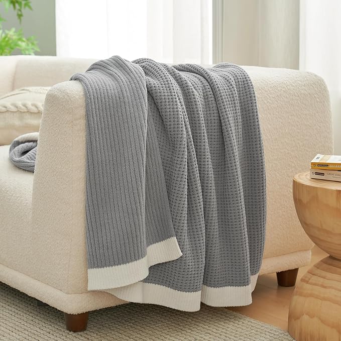 Amélie Home Waffle Throw Blanket for Couch, Soft Cozy Chenille Knit Blanket Warm Decorative Throw for Sofa, 50"x60", Grey