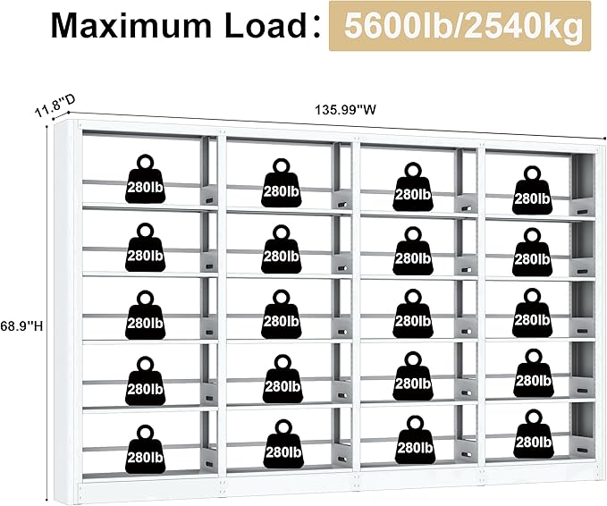 Industrial 5-Tier White Metal Bookshelf - Tall Freestanding Organizer for Living Room, Bedroom &amp; Home Office