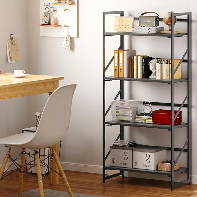 JSB No Assembly Folding Bookshelf, 4 Tier Industrial Metal Book Shelf for Storage, Vintage Wood Foldable Bookcase for Living Room, Bedroom, Office Organization Shelves