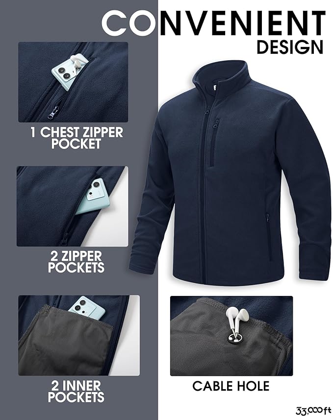33,000ft Men's Full Zip Fleece Jacket Lightweight Warm Soft Polar Long Sleeve Jackets with Pockets for Winter Hiking Casual