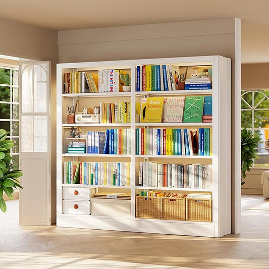 Bookshelf, 5-Tier Metal Sturdy Bookcase,71" H Tall White Bookcase with Adjustable Shelves, Heavy Duty Storage Bookshelfs and Bookcases for Living Room, Library, Home Office(White, 73" W)