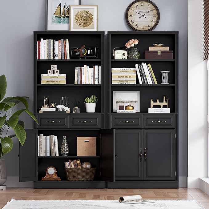 71.4" Tall Bookshelf with Drawers &amp; Cabinet, 5-Tier Floor Standing Bookcase with Storage Doors, Adjustable Shelves &amp; Metal Handles, 31.5" Wide Organizer for Home Office, Living Room