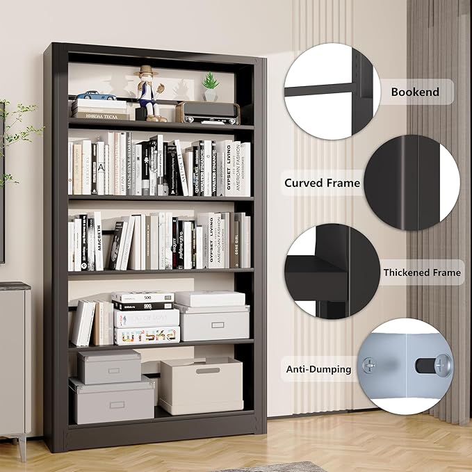 69" Tall Wide-Column Bookshelf,5-Tier Sturdy Bookcase with Adjustable Shelves,Heavy Duty Strong Metal Bookshelf,Black Bookcase with 6 Shelves for Home Office, Living Room, Bedroom, Library (Black)