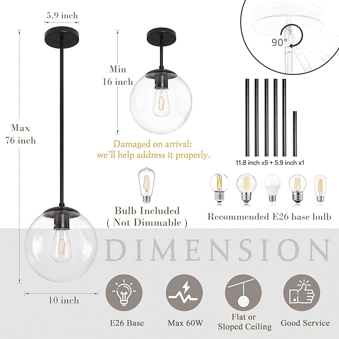 10 Inch Globe Pendant Light Black Mid Century Pendant Light Contemporary Globe Pendant Lights Clear Glass Pendant Lights Adjustable Hanging Light Fixture Clear Glass with Black Finish for Dining Room
