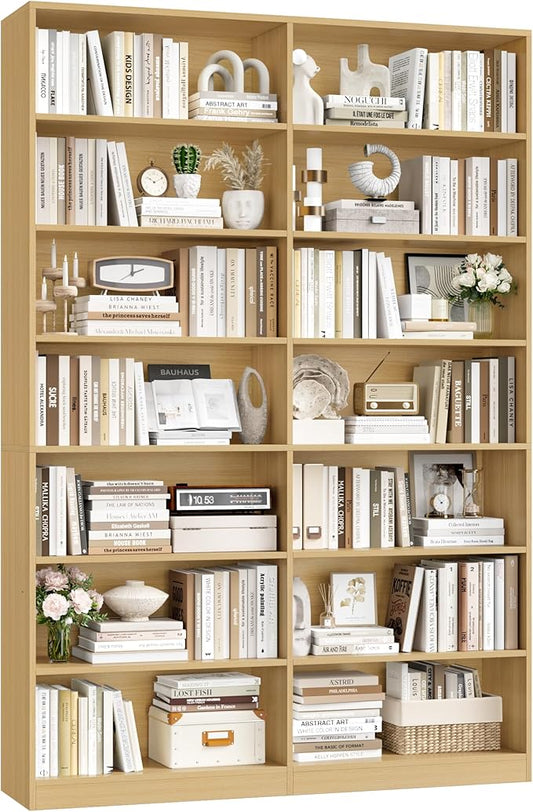83.6" Tall Bookshelf and Bookcase, 7-Tier Extra Large Bookshelf with Double Storage, 14 Open Display Shelves for Home Office, Study and Living Room, Natural