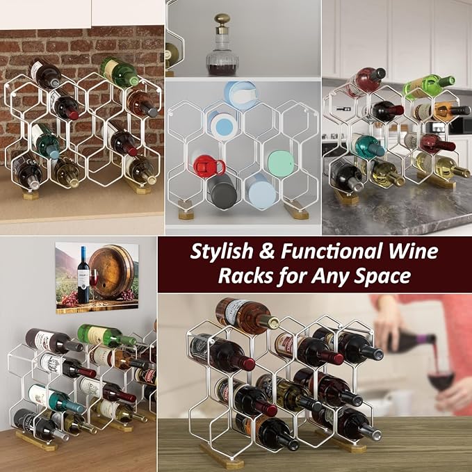 Buruis Countertop Wine Rack with Acacia Base, 14-Bottle Modern Freestanding Metal Holder for Red and White Wine, Tabletop, Kitchen, Bar, and Cabinet Storage (Chrome)