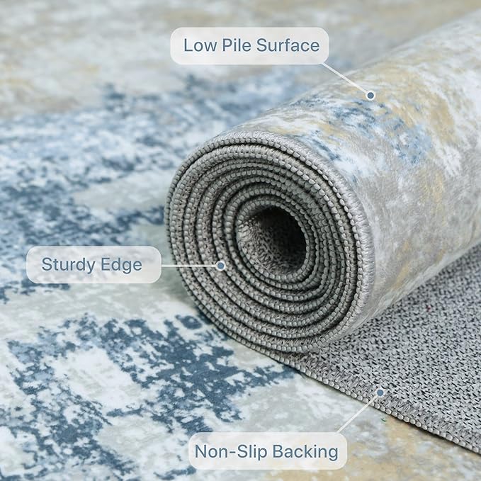 Runner Rug for Hallway Kitchen 2x7 Machine Washable Runners Rug for Entryway, Blue Cream Soft Modern Abstract Throw Rugs, Floor Carpet with Non Slip Rubber Backing