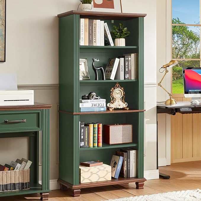 70" Tall Green Bookshelf,5 Tier Wooden Book Shelf with Adjustable Shelves &amp; Wood Legs,Free Standing Farmhouse Bookcase with Open Display Storage,Vintage Bookshelfs for Library, 2PCS