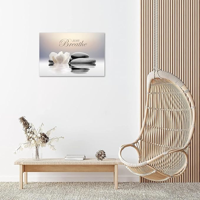 Zen Stone Canvas Wall Art Just Breathe Yoga Quotes Poster for Spa Decor White Lotus Flower Pictures Prints for Bathroom Modern Spiritual Artwork Framed (24 x 36inches)