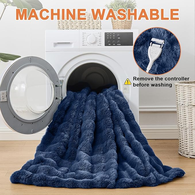 Heated Blanket Electric Throw Blanket 84''X 90''-Heating Blanket with 6 Heat Settings-4/10 Hours Auto Off,Cozy Faux Rabbit Fur Bubble Electric Blanket,Navy Blue
