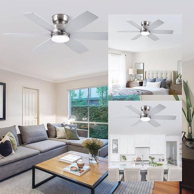 46 inch Ceiling Fans with Lights and Remote/APP Control, Low Profile Ceiling Fan with Light, Flush Mount, 3CCT, 6 Reversible Blades 6 Speeds Modern Ceiling Fan for Bedroom Living Room, Nickel