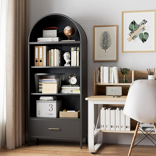 Metal Arched Bookshelf, Accent Arch Kitchen Pantry Cabinet with Drawer for Home Office Bar Living Room Farmhouse (Black)