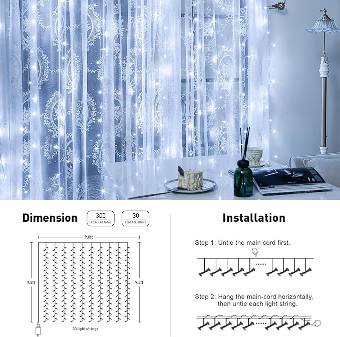 JMEXSUSS 300 LED 9.8x9.8Ft Curtain Lights Indoor with Remote, White Christmas Lights Plug in, 8 Modes White String Lights for Bedroom Wall Wedding Reception Dorm Party Backdrop Window Outdoor Decor