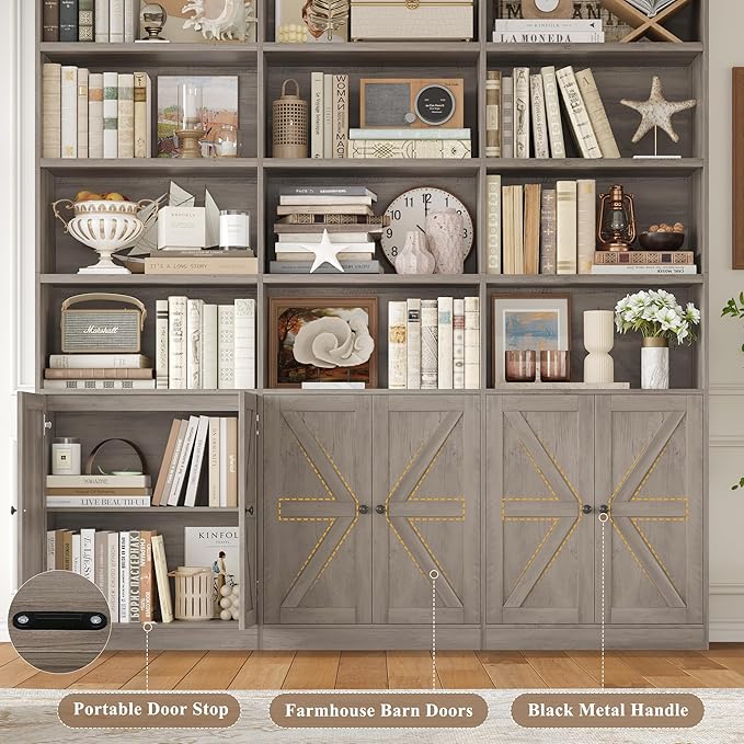 75" Triple Wide Bookshelf, Bookshelf and Bookcase with 6 Farmhouse Doors, 71" Wide 6 Tier Book Shelf with 18 Storage Shelves, Large Wooden Bookshelfs, Tall Bookcase for Home Office, Gray