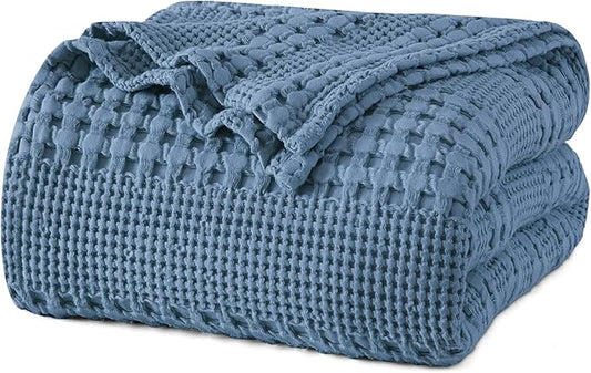 PHF 100% Cotton Waffle Weave Blanket Queen Size for Bed, Soft Lightweight &amp; Breathable, All-Season Comfort, Luxury Aesthetic Woven Bedding for Home Decor, 90"x90", Captain's Blue