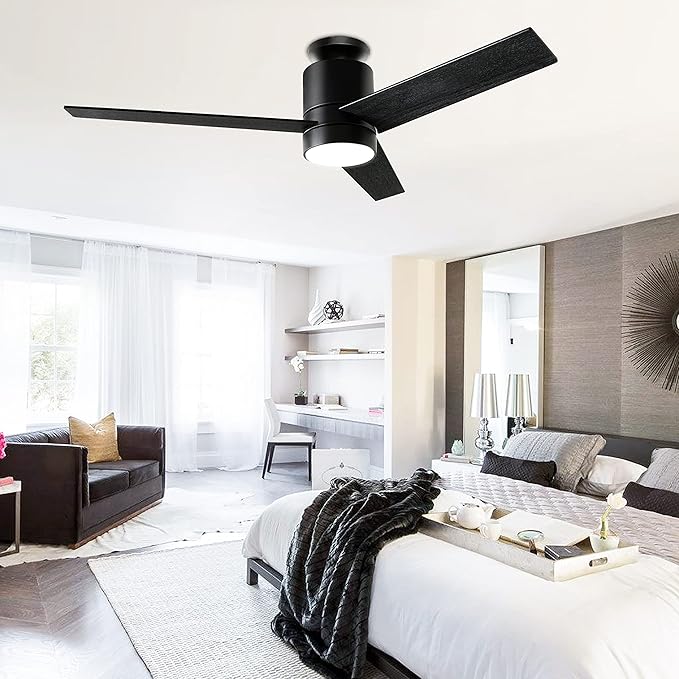 52'' Ceiling Fans with Lights Remote Control: Black Flush Mount Ceiling Fan for Bedroom - Quiet Low Profile Ceiling Fan 6 Speed ​​&amp; LED Light
