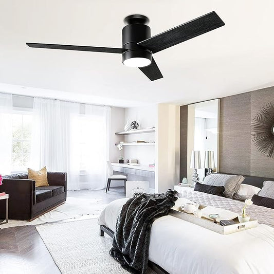 52'' Ceiling Fans with Lights Remote Control: Black Flush Mount Ceiling Fan for Bedroom - Quiet Low Profile Ceiling Fan 6 Speed ​​&amp; LED Light