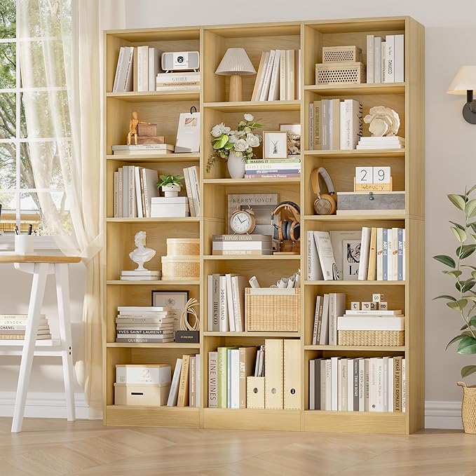 Triple Wide Bookshelf, 6 Tier Large Bookshelf, Bookcase with 17 Open Display Shelves, 74'' Tall Bookcases and Bookshelfs for Living Room, Home Office, Library, Natural