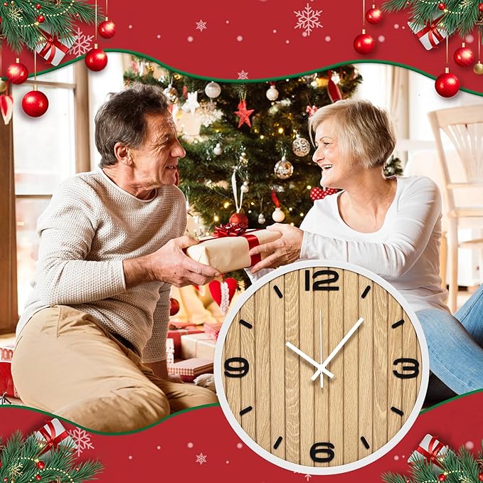 12 Inches Wooden Analog Wall Clock Battery Operated, Modern Silent Non-Ticking Decorative White Clocks for Office, Living Room, Bathroom, Kitchen, Bedroom