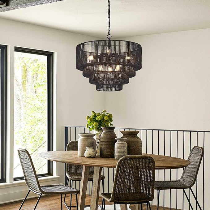 19.7" Hand-Woven Rattan Chandelier Vintage Farmhouse 6-Lights Boho Black Bamboo Chandeliers Light Fixture Retro Drum Wicker Rattan Chandelier for Dining Room, Kitchen Island, Bedroom, E12