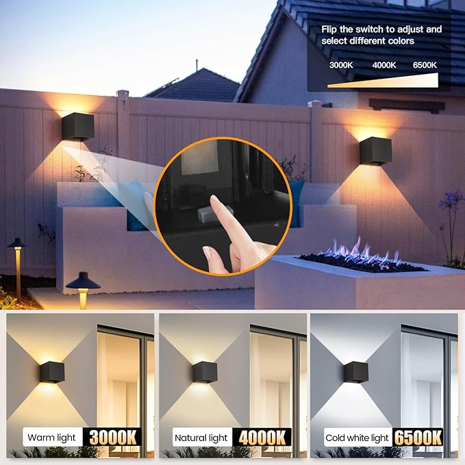 LED Outdoor Wall Lights Exterior/Interior 3 Colors Adjustable 15W Wall Light Fixture IP65 Waterproof Porch Exterior Wall Sconce Modern Outdoor Lighting Square Aluminum Black Up and Down Lights