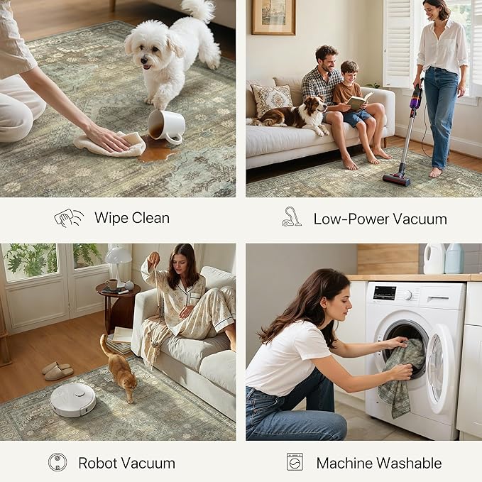 Runner Rug for Hallway Kitchen, 2x8 Machine Washable Runners Rug for Entryway, Soft Modern Boho Throw Rugs, Low Pile Floor Cover with Non Slip Backing, Distressed Light Grayish Sage Green