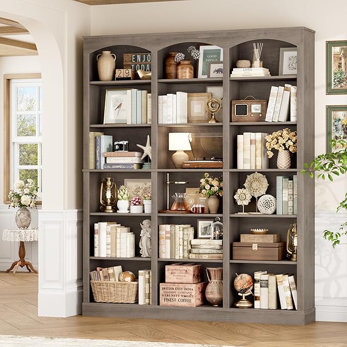 71" Triple Wide Bookshelf, 6 Tier Tall Bookshelf, Large Bookcase with Curved Baffle, 63.4" Wide Book Shelf with 18 Open Display Shelves for Living Room, Study, Gray
