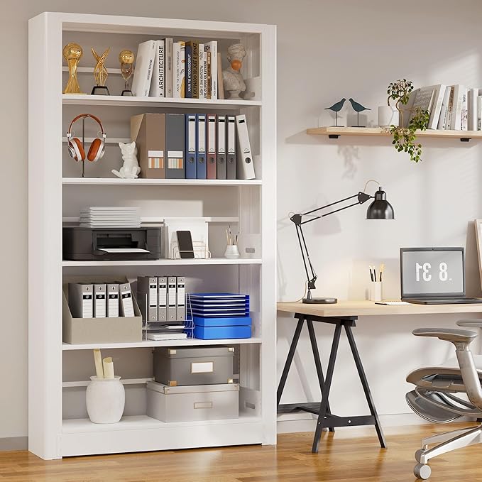 5 Tier White Bookshelf, 68.9" Tall Bookcase with Adjustable Storage Shelves, Heavy Duty Metal Book Shelf Organizer for Living Room, Office, Library, Including Book Stoppers