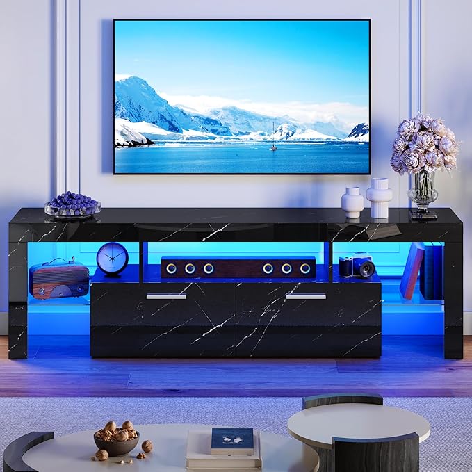 65.7 inch Modern High Gloss LED TV Stand with Storage for 50 55 60 65 70 75 inch TV, Gaming Entertainment Center for PS5, TV Cabinet with Glass Shelves for Living Room, Bedroom, Black Marble