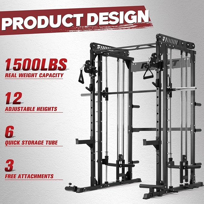 RitFit M1 & M1 Pro Smith Machine with Cable Crossover System, Multi-Function Squat Rack Power Cage for Home Gym, Power Rack and Packages