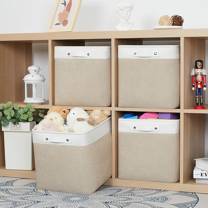 Bidtakay Storage Baskets for Shelves [4-Pack] Storage Bins for Organization Fabric Beige Baskets for Closet Hallway Cabniet Room Organizer Bins for Clothes Blankets Home