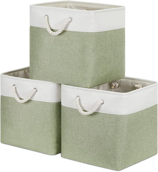 Bidtakay Cubby Storage Bins Set of 3 Fabric Baskets for Shelves Closet Drawer Organizer Storage Cubes 13x13 Collapsible Organization Baskets for Nursery Toy Shelf (White&amp;green)