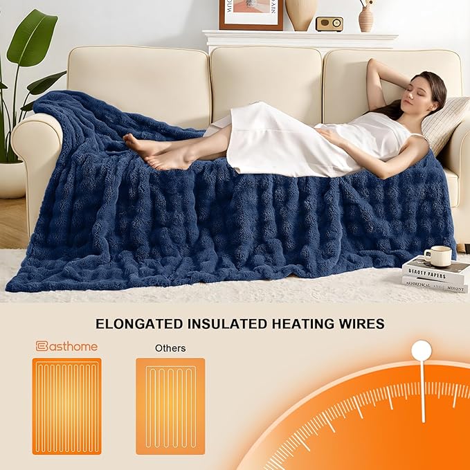 Heated Blanket Electric Throw Blanket 62''X 84''-Heating Blanket with 6 Heat Settings-4/10 Hours Auto Off,Cozy Faux Rabbit Fur Bubble Electric Blanket,Navy Blue
