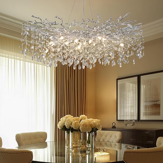 YUYI Modern Crystal Chandelier, 47" Silver Tree Branch Chandelier for Dining Room, 18-Light Round Raindrop Chandeliers for Living Room, Foyer, Entryway, Bedroom, Kitchen, Luxury Top K9 Light Fixture
