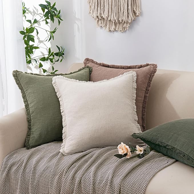 Woaboy Set of 2 Decorative Linen Fringe Throw Pillow Covers Boho Farmhouse Cushion Covers Accent Pillows with Tassels Christmas Home Decor for Livingroom Couch Sofa Bed,20x20 Inch,Light Olive Green