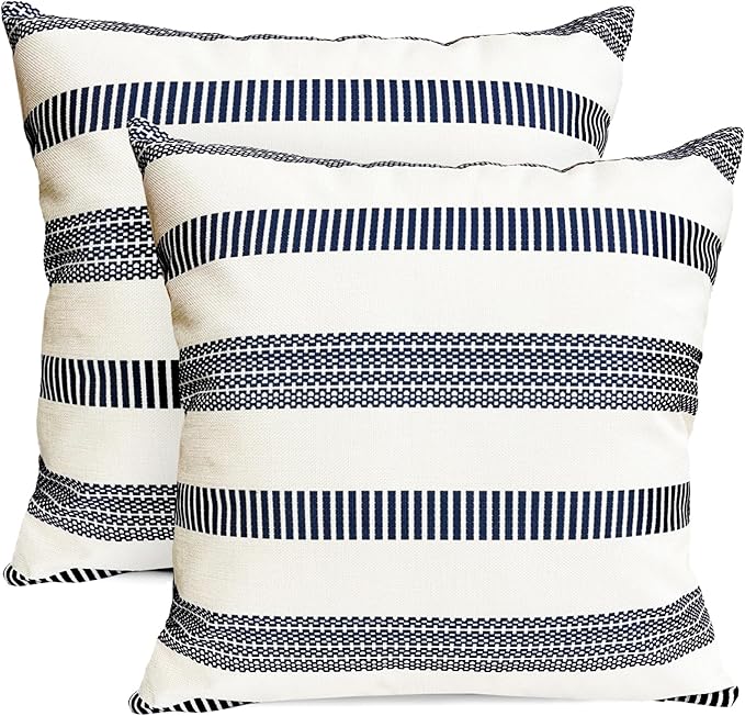 Decorative Throw Pillow Covers Set of 2 Blue Boho Striped Pillow Covers 18x18 Inch Throw Pillow Cover Linen Pillowcase Farmhouse Outdoor Pillow Covers for Couch Sofa Bed Living Room