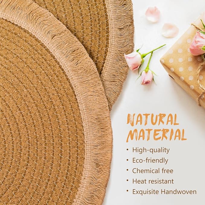 13.8 in Round Woven Boho Placemats Set of 8, Washable Cotton Farmhouse Rustic Place Mats for Dining Table Decor, Tassels Table Mats Plate Chargers for Dinner Plates