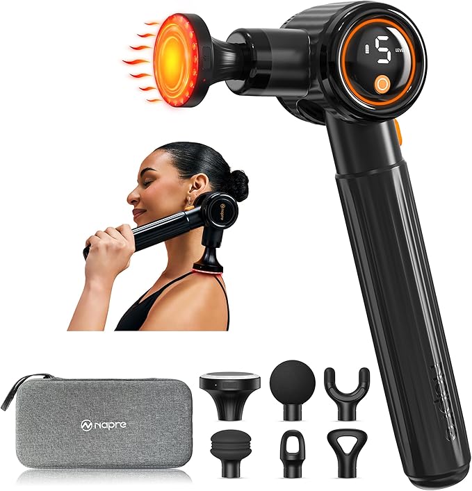 NAPRE Massage Gun with Heat,Massage Gun Deep Tissue with Extension Handle & 3 Adjustable Angles,Handheld Percussion Back Massager for Muscle/Neck/Body Pain Relief with Portable Case,Black