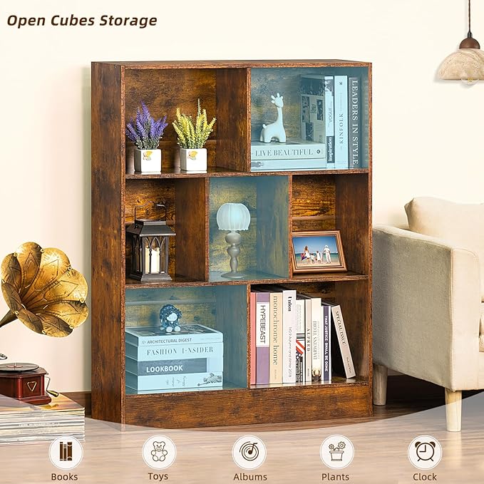 LEYAOYAO 7 Cube Bookshelf with Base,3 Tier Mid-Century Modern Brown Bookcase,Standing Wide Bookshelfs Storage Organizer Shelf,Rustic Wood Display Cabinet Book Shelves for Bedroom,Living Room,Office