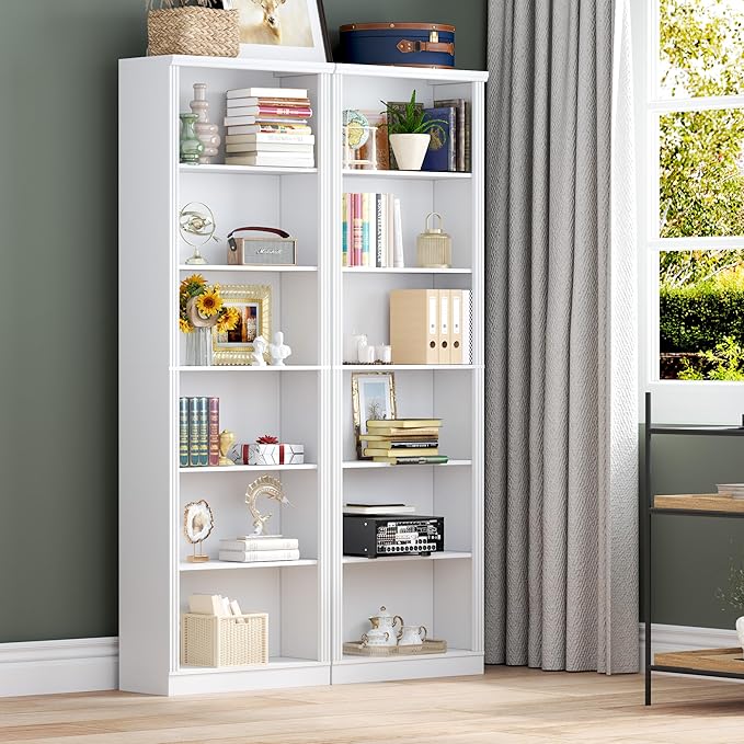 75" Tall Bookshelf, 6-Tier Floor Standing Bookcase with Adjustable Shelves, 24" Wide Open Storage Shelf, Modern Display Organizer for Home Office, Living Room, Bedroom, Study