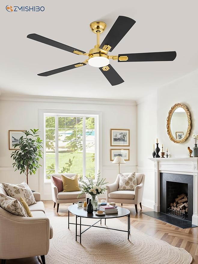 ZMISHIBO 52" Ceiling Fans with Lights, Gold Modern Ceiling Fan with Remote, Bedroom Indoor Ceiling Fan with Dual Finish Blades, Quiet & Strong Motor, Bright LED Light