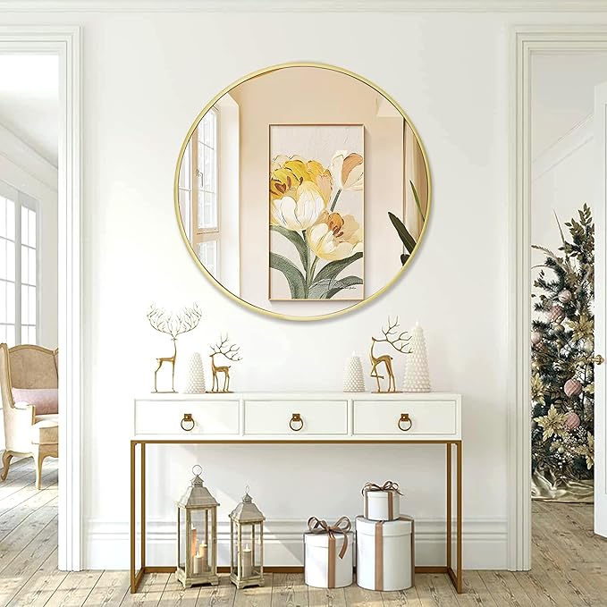 Large Round Gold Mirror 36 inch, Matte Gold Circle Mirror for Wall, Bathroom, Living Room, Hallway -Metal Framed Circular Decor