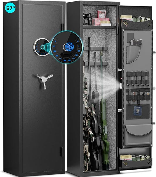 8-12 Gun Safe, Biometric Rifle Safe, 57" Heavy Duty Long Gun Safe for Home Rifles and Pistols, Quick Access Large Gun Cabinet for Rifles and Shotguns with LCD Keypad, LED Light