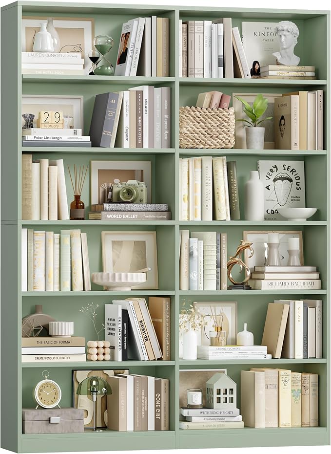 Bookshelf and Bookcase, 6-Tier Double Wide Bookshelves, Freestanding Display Storage Shelves, Tall Bookcases for Home Decor Bedroom, Living Room, Home Office, Green