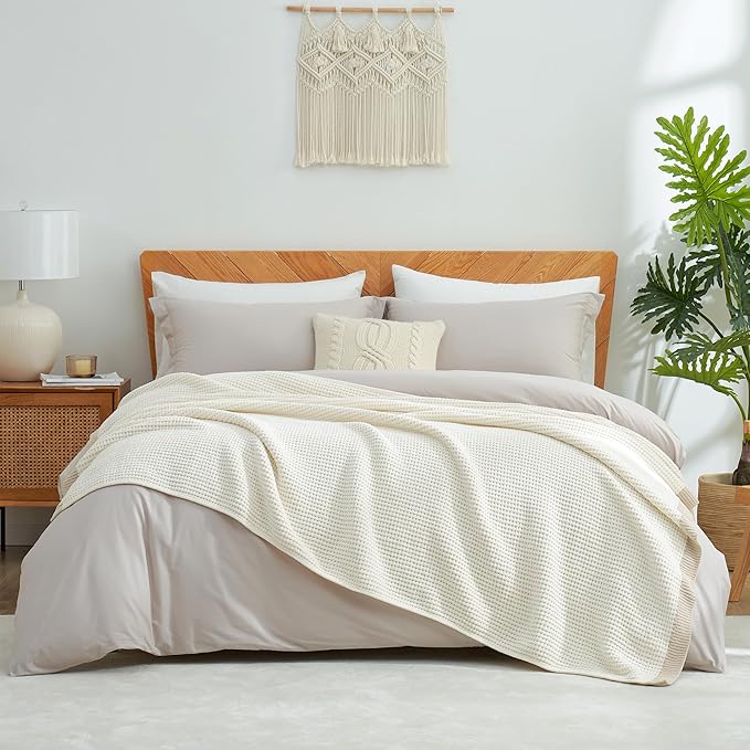Amélie Home Waffle Blanket Queen Size for Bed, Soft Cozy Chenille Knit Blanket Warm Decorative for Bedroom, 90"x90", Ivory